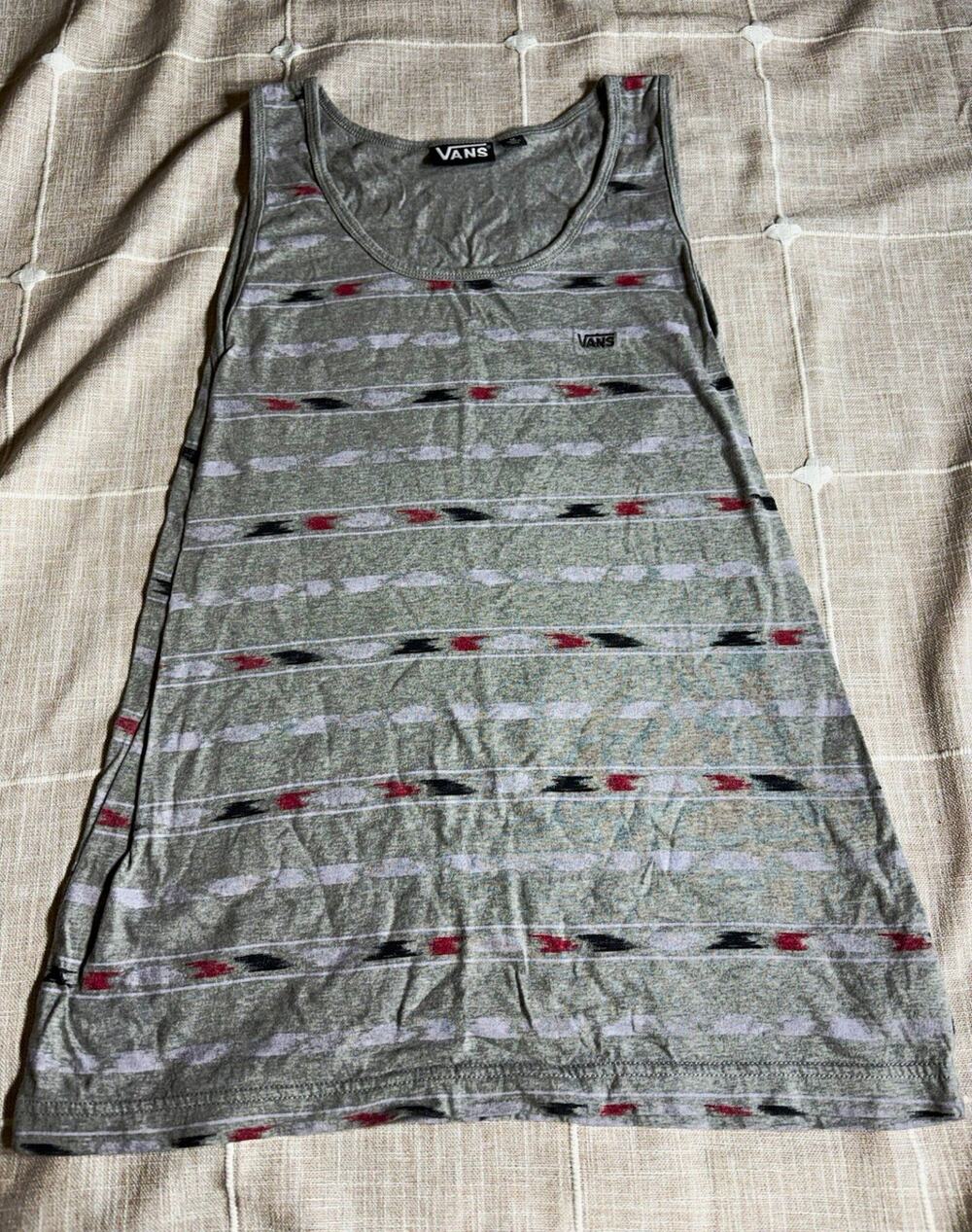 VANS Unisex M Gray Striped Cotton Logo Scoop Neck Sleeveless Tank Top Beach